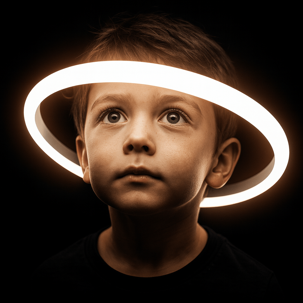 Copil curios cu nimb luminos, simbol al descoperirii și al științei
