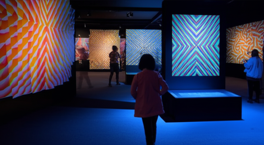 Copii și adulți explorează iluziile optice într-o sală interactivă cu modele geometrice colorate
